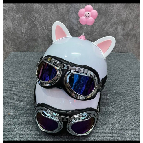 Nón bảo hiểm nửa đầu kèm kính phi công tặng tai mèo và bông hoa gắn nón