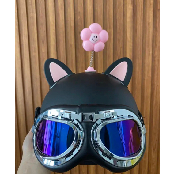 Nón bảo hiểm nửa đầu kèm kính phi công tặng tai mèo và bông hoa gắn nón