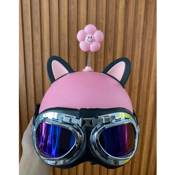 Nón bảo hiểm nửa đầu kèm kính phi công tặng tai mèo và bông hoa gắn nón