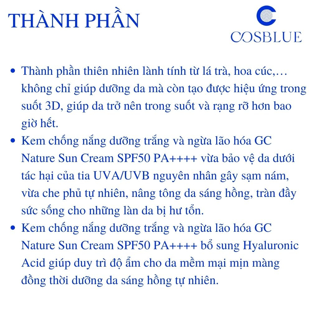 KEM CHỐNG NẮNG GC NATURE SUN CREAM SPF50+ PA+++ 60ML chính hãng