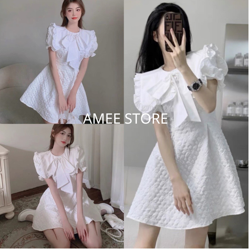 Váy tiểu thư dáng xòe cổ bèo đính nơ đầm nữ xinh dự tiệc đi chơi đám cưới kỷ yếu sang chảnh chất gấm xốp màu trắng AMEE