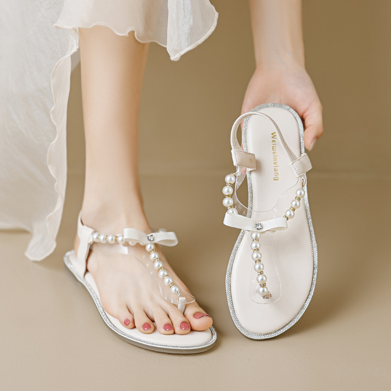 Dép sandal nữ kiểu xỏ ngón gắn ngọc thời trang dễ thương, dép đi biển xinh xắn