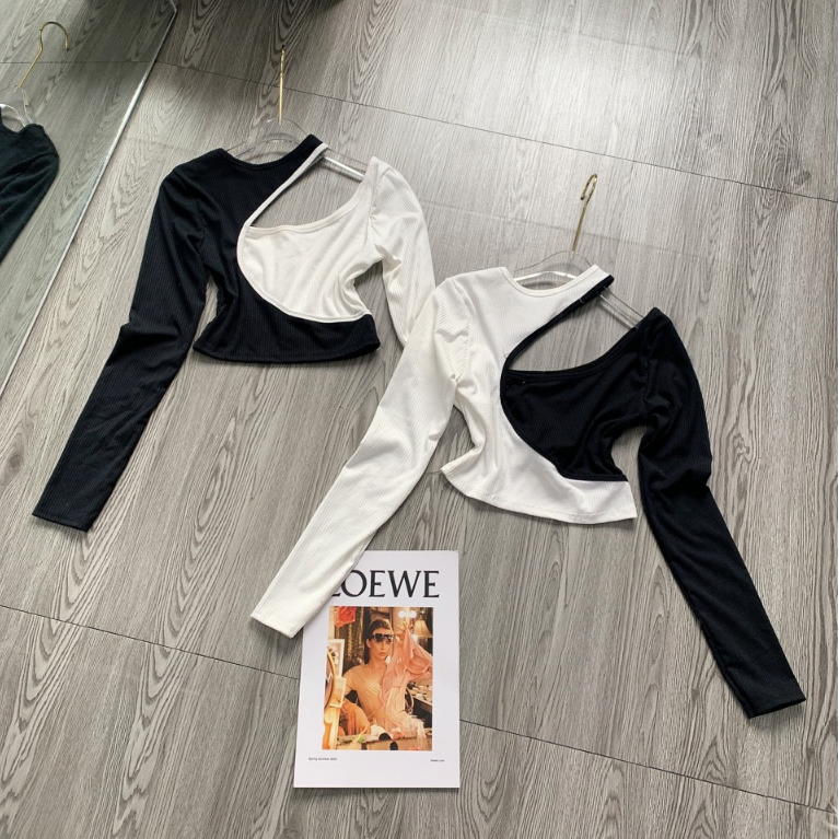 Áo kiểu croptop 2 bên tay 2 màu đen trắng khoét chéo vai cực hot , chât thun gân mềm mịn