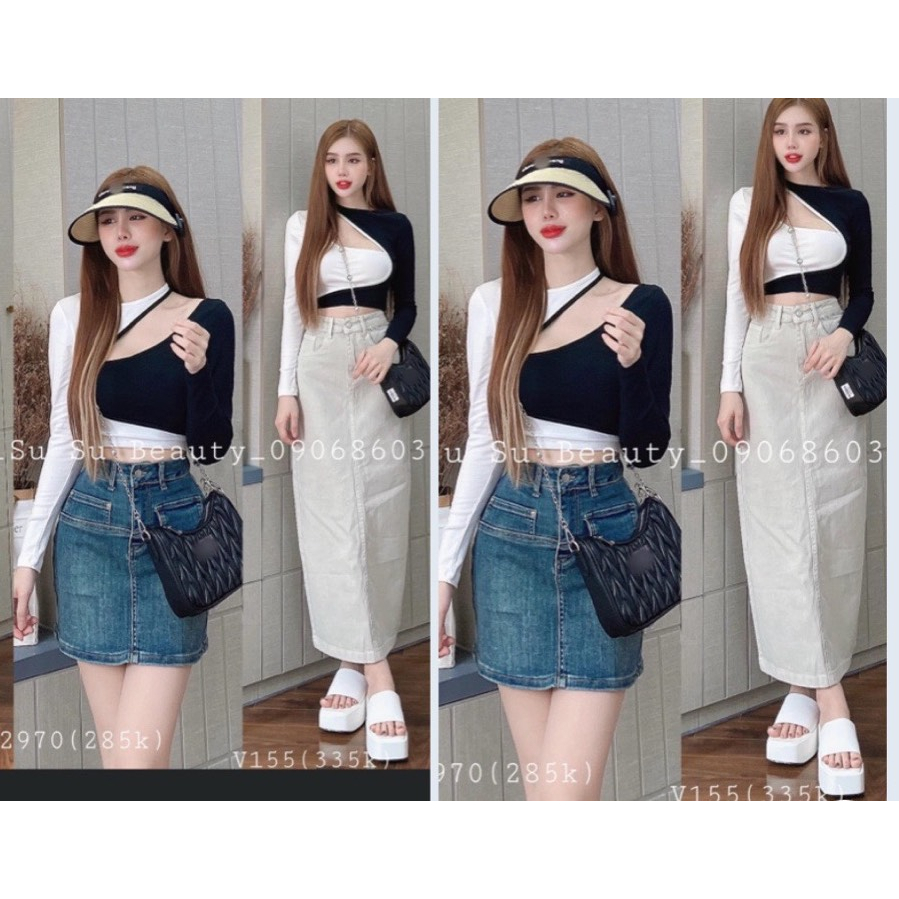 Áo kiểu croptop tay dài phối 2 màu 2 bên đen trắng , khoét chéo vai cực hot hit , chất thun gân dày dặn mềm mịn
