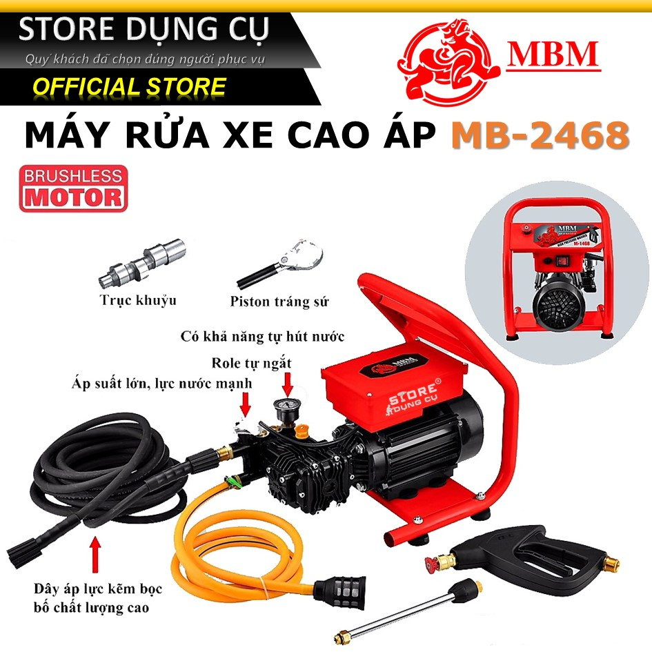 2368W Máy xịt rửa xe công nghiệp MBM MB-2468 | Máy rửa xe cao áp mô tơ từ áp lực cao, piston tráng sứ