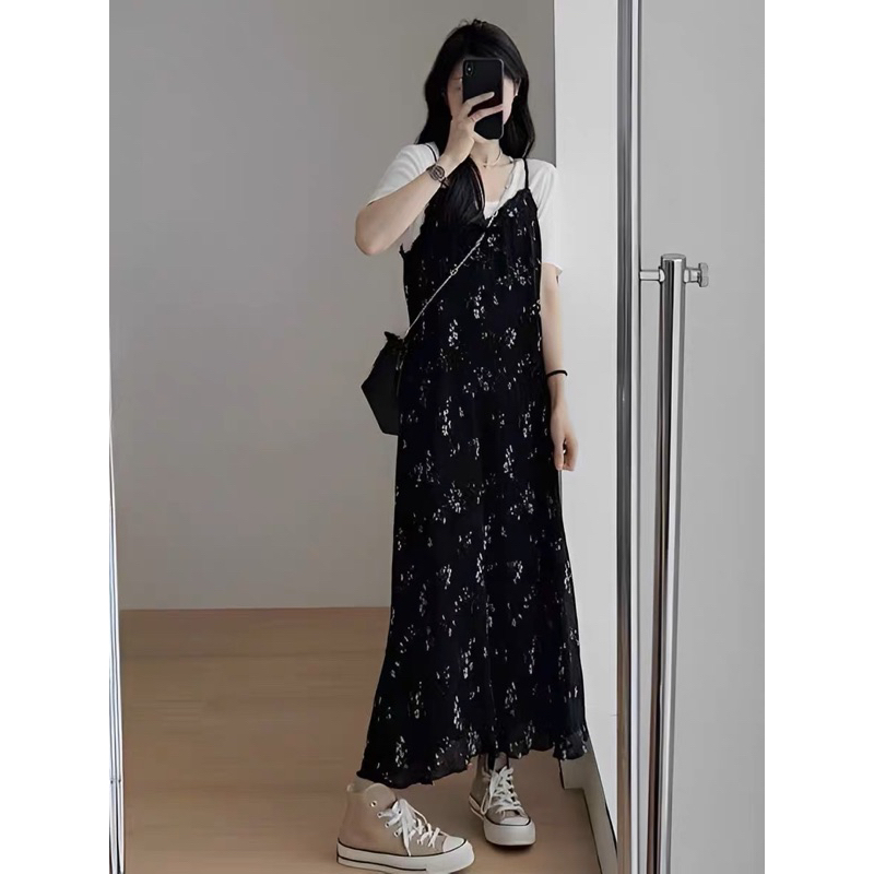 Váy 2 dây suông hoa nhí mặc đi biển, đầm 2 dây có điều chỉnh nút phù hợp đi chơi