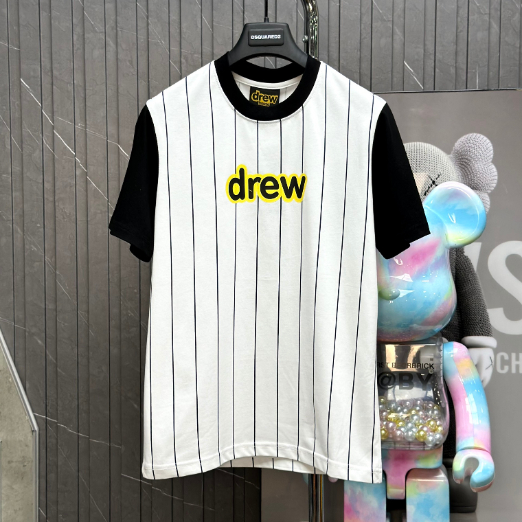 Áo T-shirt Drew sọc dọc phối màu tay cổ logo chữ ngực LA on web
