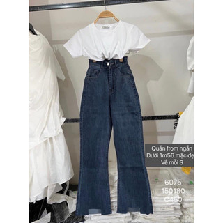 Quần jeans dài ống loe nữ co giãn rách gấu