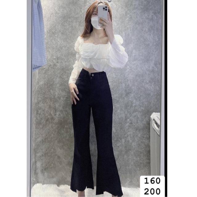 Set jeans dài ống loe rách gấu + áo kiểu bèo tầng