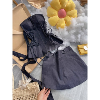 SET ÁO ỐNG DENIM ĐAN EO CHOCKER CỔ + CHÂN Váy