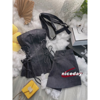SET ÁO ỐNG DENIM ĐAN EO CHOCKER CỔ + CHÂN Váy