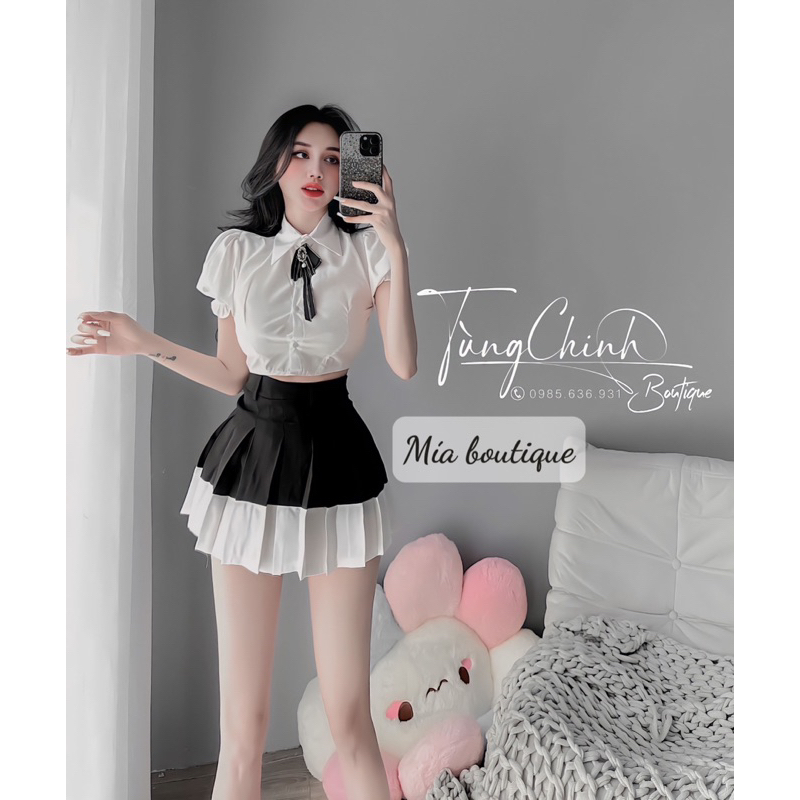 Váy set học sinh hách tuổi áo sơmi croptop mix chân váy phối màu