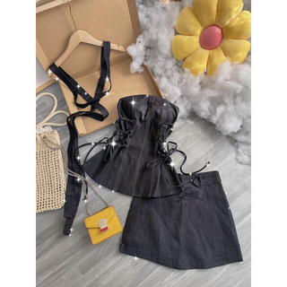 SET ÁO ỐNG DENIM ĐAN EO CHOCKER CỔ + CHÂN Váy