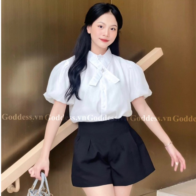 Áo sơ mi cổ vat nơ tay bồng đính hoa đá thanh lịch sang chảnh / doriscloset