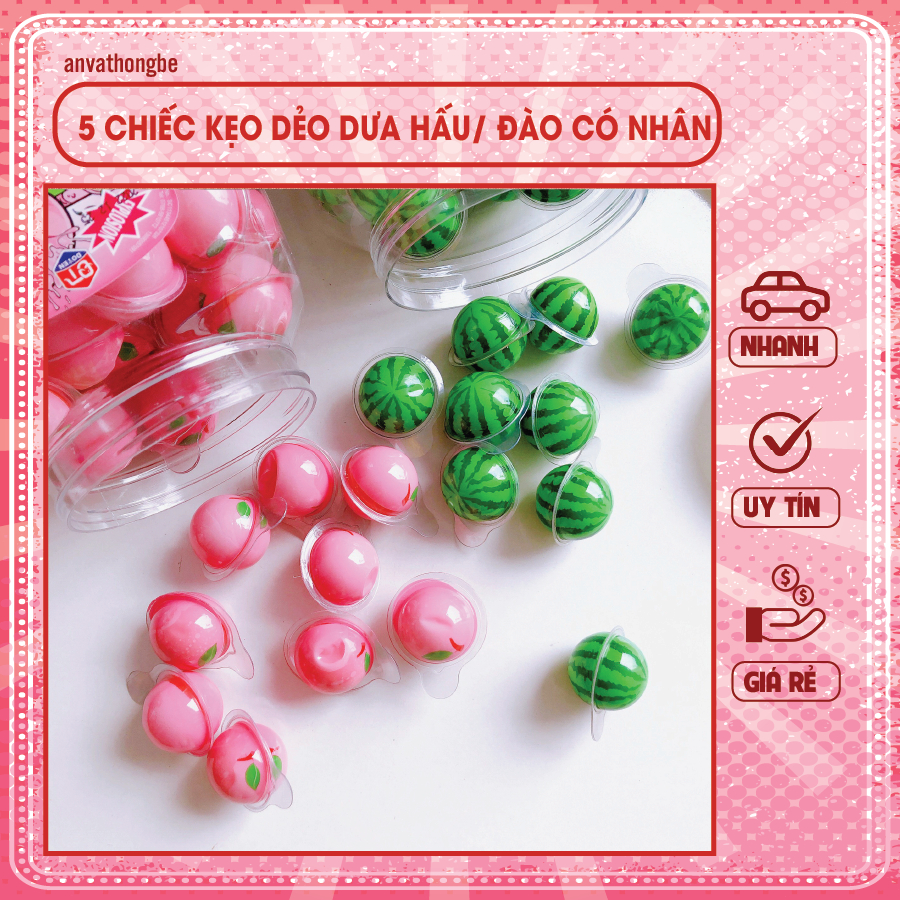 Combo 5 chiếc kẹo dẻo hình dưa hấu/ đào có nhân loại to, ngon