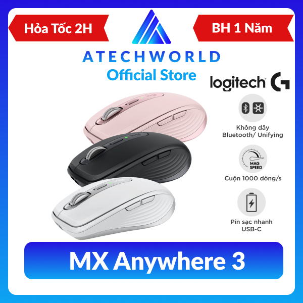 Chuột Logitech MX Anywhere 3 Bluetooth, Sạc Nhanh USB-C, Cuộn 1000 Dòng/s - Hàng Chính Hãng - BH 1 Năm - Có Xuất VAT