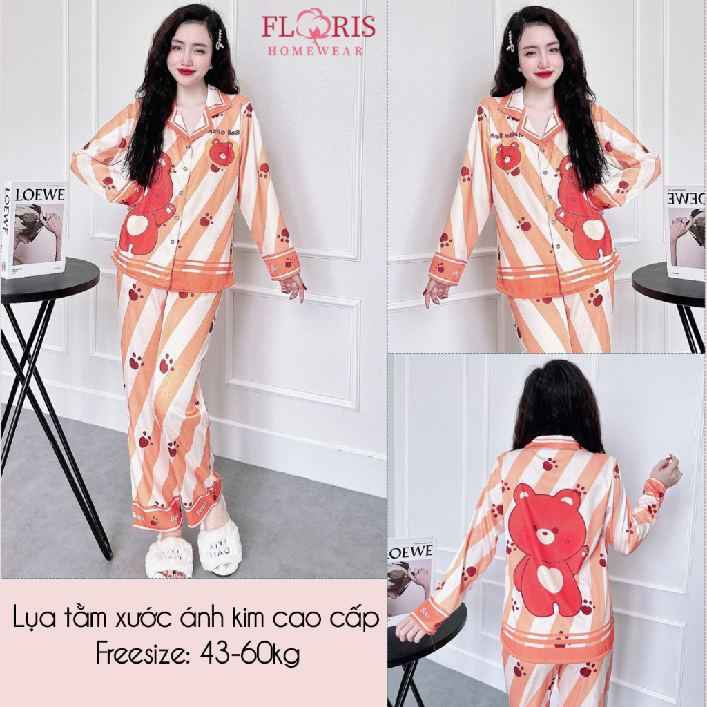 Đồ bộ ngủ pijama mặc nhà lụa xước ánh kim in 5D vải mềm mát họa tiết gấu nhỏ màu tươi sáng