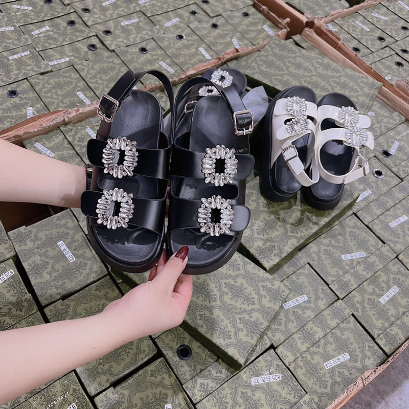 xăng đan nữ 2 quai phối đá qc sáng rực/đen trắng fullbox