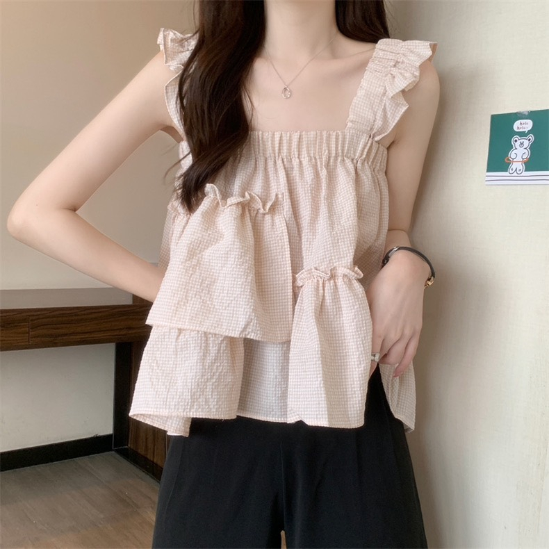 Áo hai dây cánh tiên bản to nhún ngực kiểu dáng babydoll quảng châu chất mát DELIZ | BigBuy360 - bigbuy360.vn