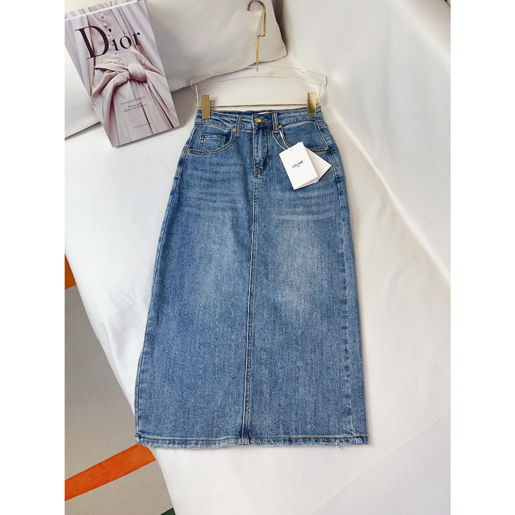 Chân váy jeans thời trang cao cấp Celine CL thiết kế dáng chữ A kết hợp xẻ tà phong cách cổ điển, giản dị