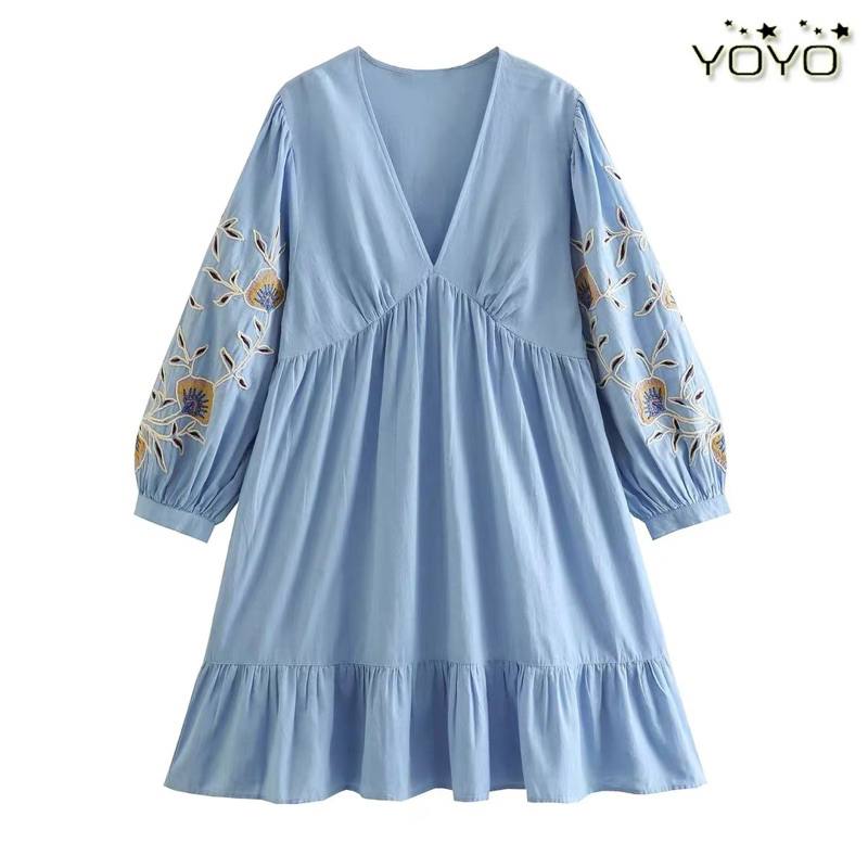 Đầm hoa xanh tay thêu hàng TQ