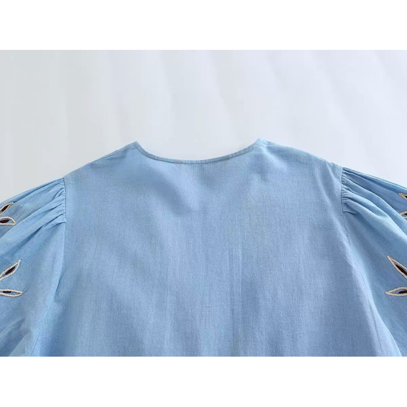 Đầm hoa xanh tay thêu hàng TQ