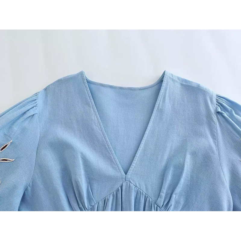 Đầm hoa xanh tay thêu hàng TQ