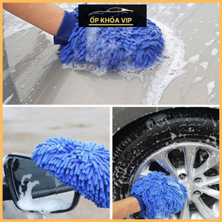 Găng tay rửa,lau xe oto và xe máy sợi microfiber. Găng tay lau rửa xe 2 mặt chuyên dụng by Ốp khóa VIP