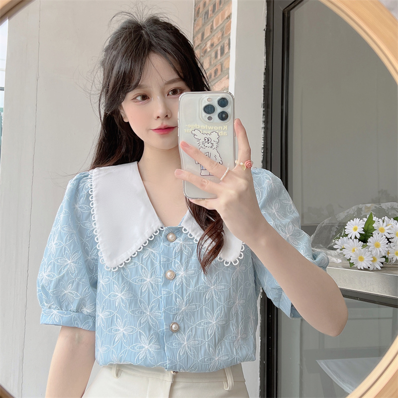 Áo sơ mi nữ tay ngắn phồng cổ búp bê vintage, sơ mi nữ tay ngắn phồng phong cách dịu dàng dễ thương 5091