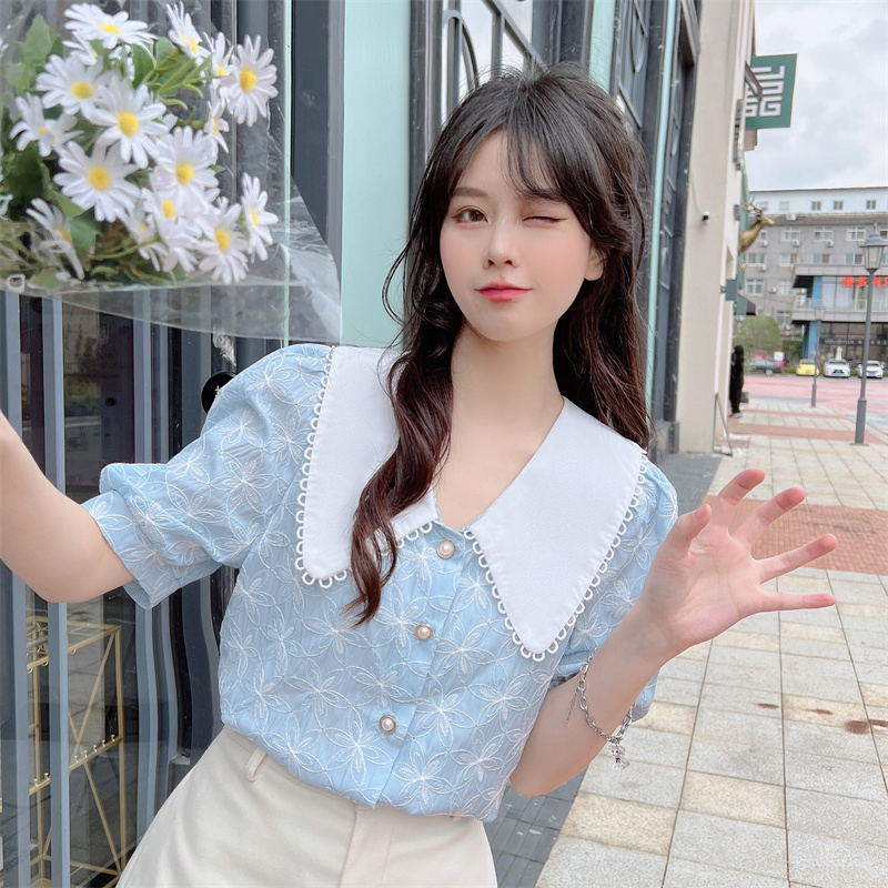 Áo sơ mi nữ tay ngắn phồng cổ búp bê vintage, sơ mi nữ tay ngắn phồng phong cách dịu dàng dễ thương 5091