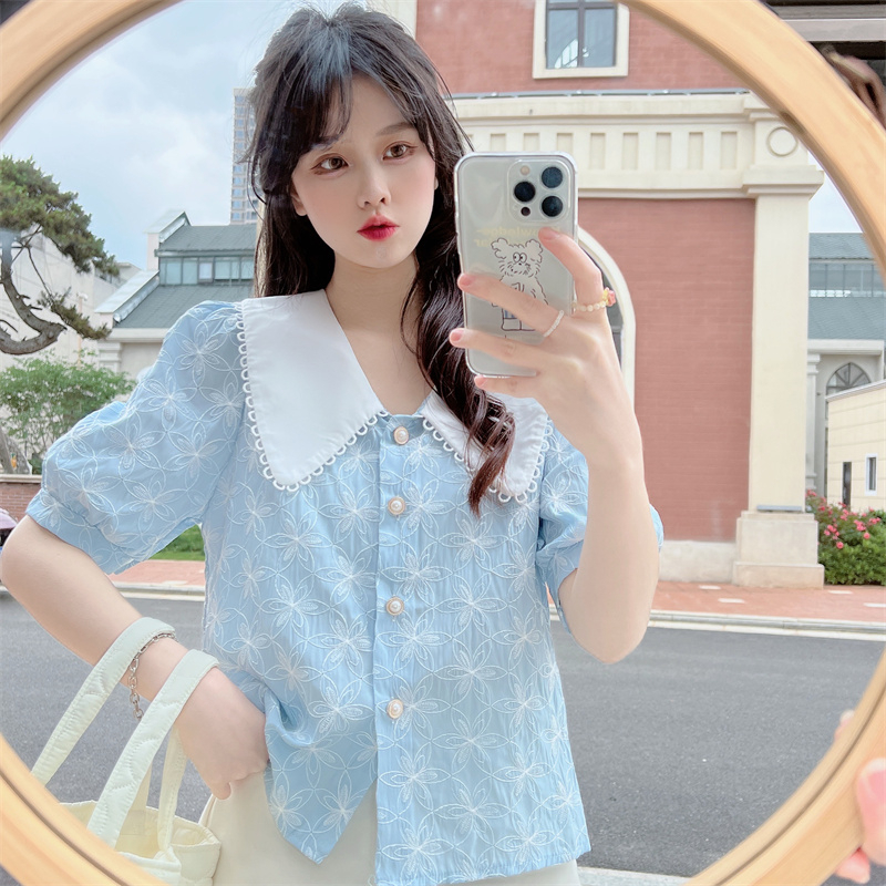 Áo sơ mi nữ tay ngắn phồng cổ búp bê vintage, sơ mi nữ tay ngắn phồng phong cách dịu dàng dễ thương 5091