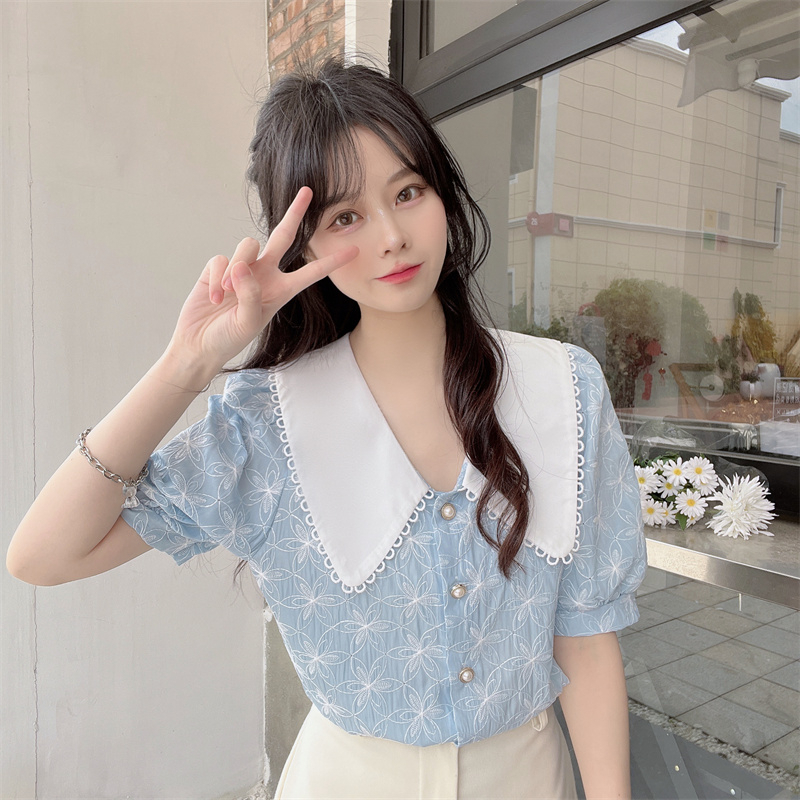Áo sơ mi nữ tay ngắn phồng cổ búp bê vintage, sơ mi nữ tay ngắn phồng phong cách dịu dàng dễ thương 5091