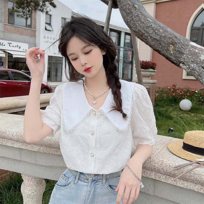 Áo sơ mi nữ tay ngắn phồng cổ búp bê vintage, sơ mi nữ tay ngắn phồng phong cách dịu dàng dễ thương 5091