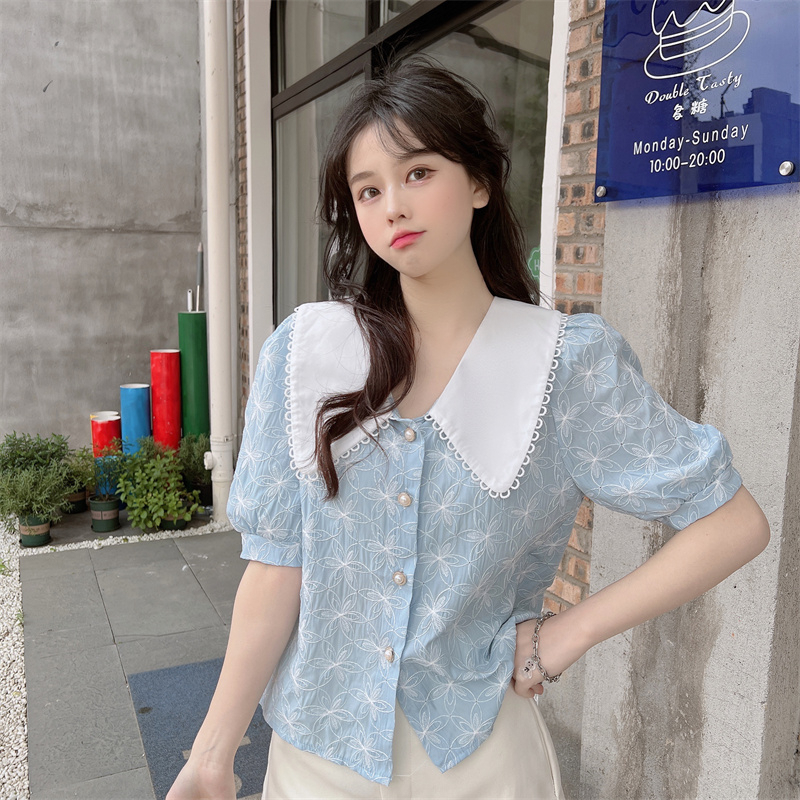 Áo sơ mi nữ tay ngắn phồng cổ búp bê vintage, sơ mi nữ tay ngắn phồng phong cách dịu dàng dễ thương 5091