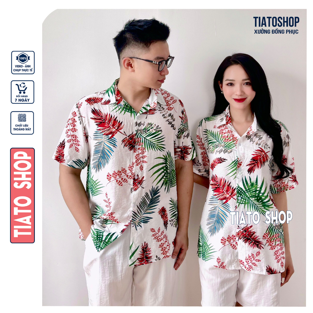 Set Đôi Áo hoa lá, Váy đầm Đi Biển, đồ đôi đi biển, nhóm nam nữ, mẹ và bé, sơ mi hoạ tiết trái cây