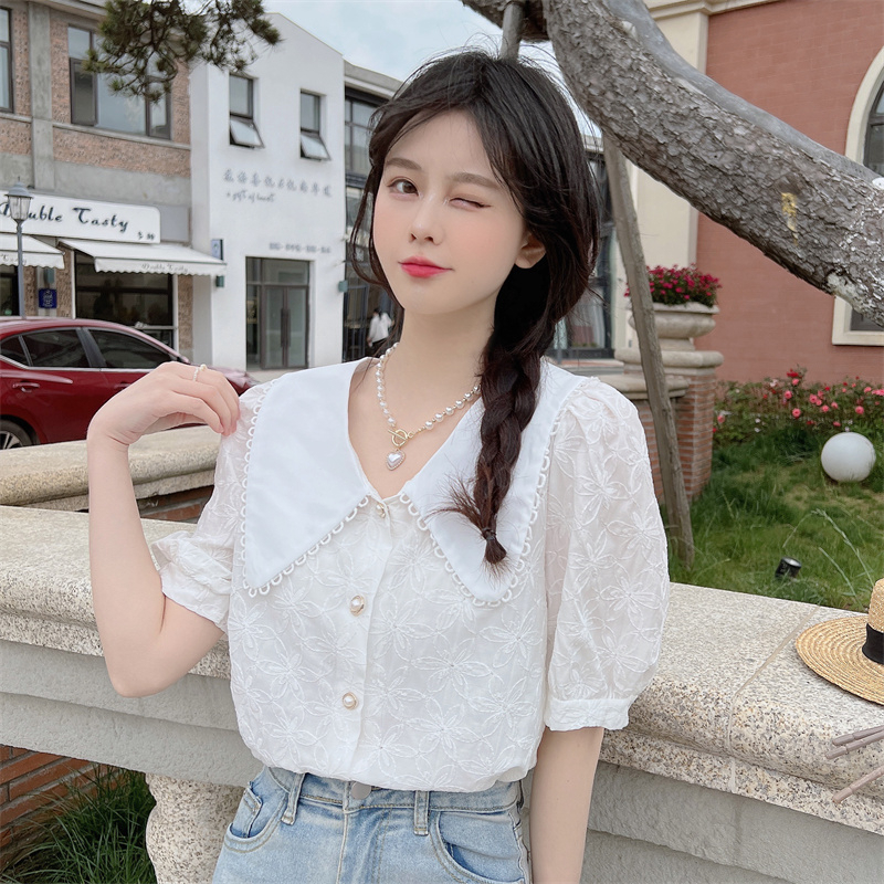 Áo sơ mi nữ tay ngắn phồng cổ búp bê vintage, sơ mi nữ tay ngắn phồng phong cách dịu dàng dễ thương 5091