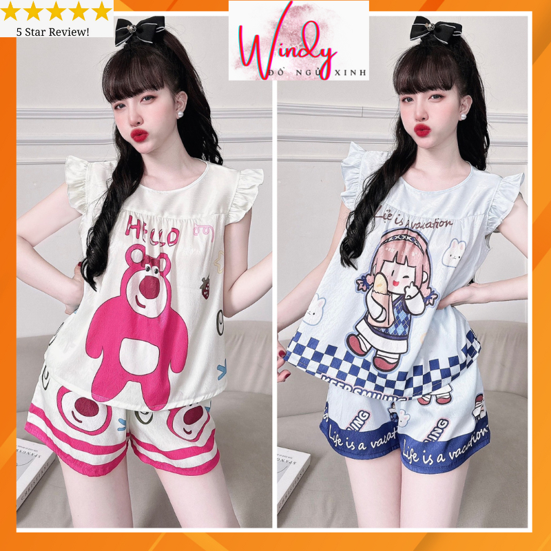 Bộ đùi nữ mặc nhà cánh tiên xinh xắn chất liệu vải lụa xước in 3D mịn mát freesize dưới 60kg WINDY BOUTIQUE