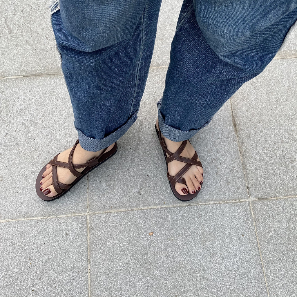 Giày Sandal Nam, Nữ M10 Màu Nâu Quai Mảnh Ôm Chân Đi Học, Đi Chơi Big Size 34-44