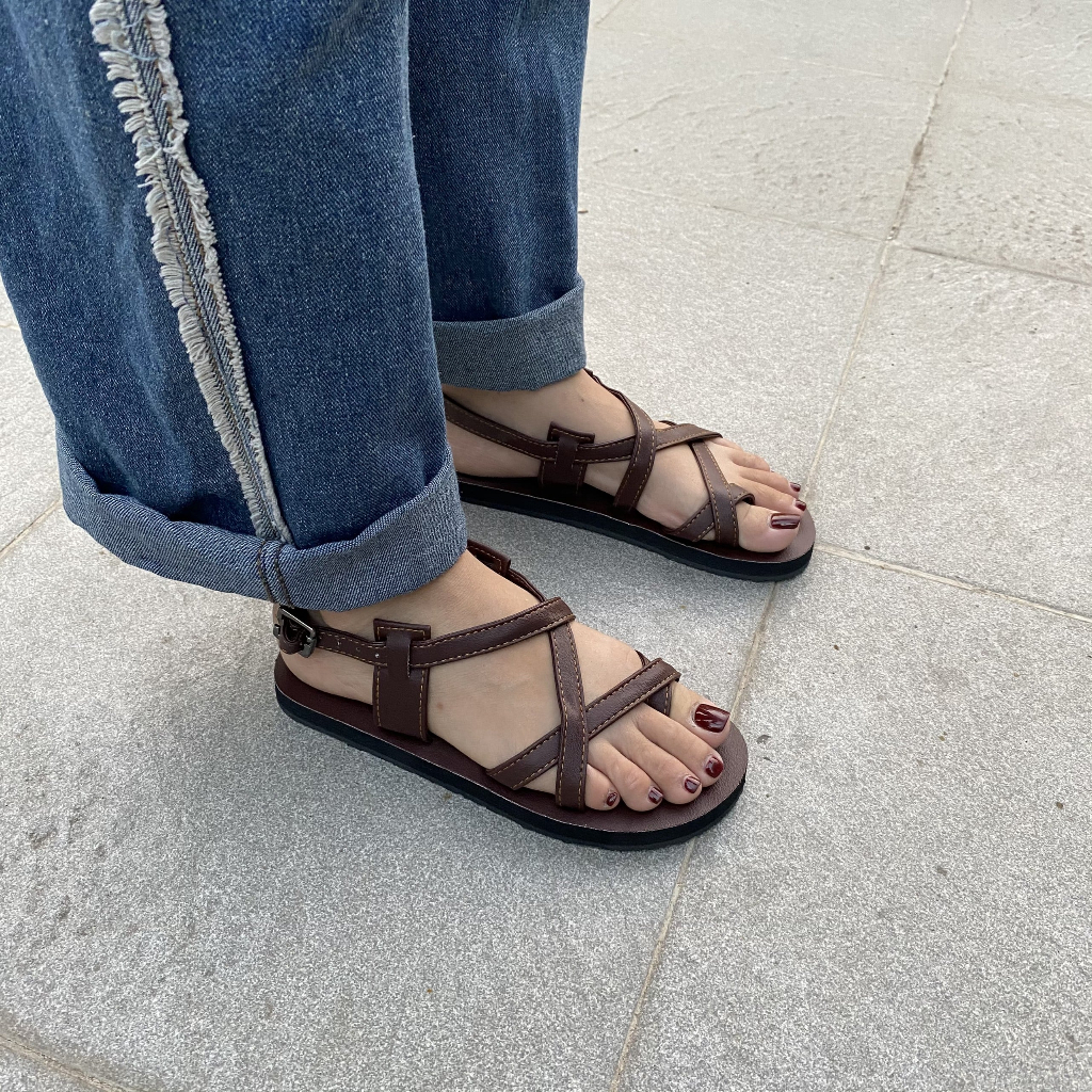 Giày Sandal Nam, Nữ M10 Màu Nâu Quai Mảnh Ôm Chân Đi Học, Đi Chơi Big Size 34-44