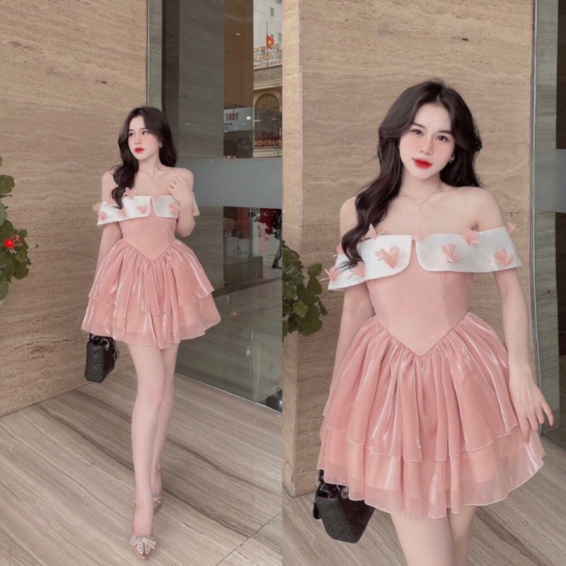 Váy Dự Tiệc Trễ Vai Đính Hoa 3D