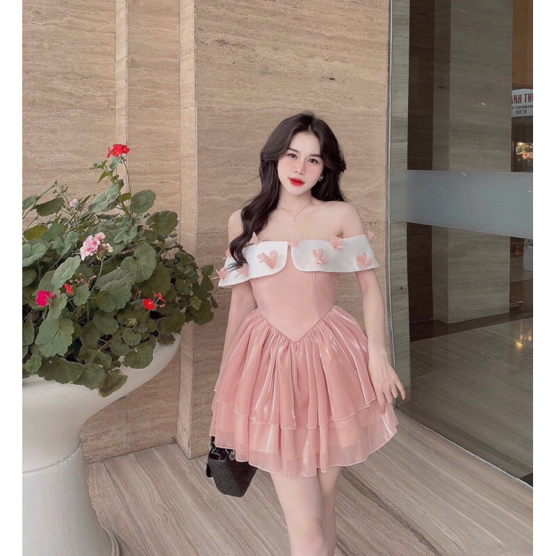Váy Dự Tiệc Trễ Vai Đính Hoa 3D