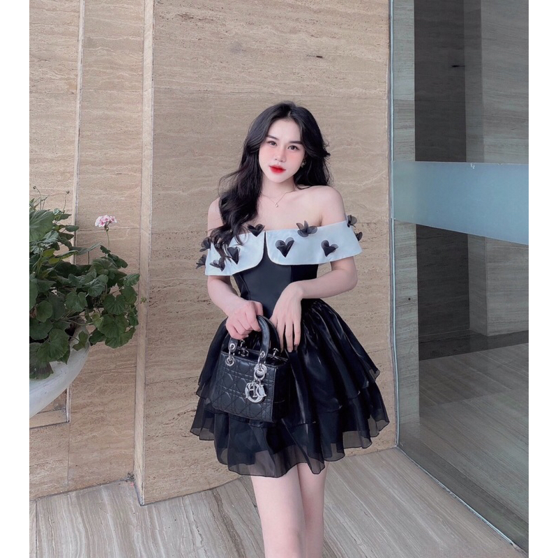 Váy Dự Tiệc Trễ Vai Đính Hoa 3D