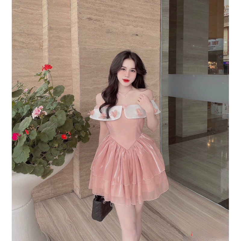 Váy Dự Tiệc Trễ Vai Đính Hoa 3D