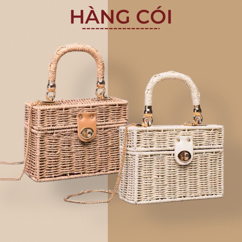 (Kèm video của shop)Túi cói giỏ cói hình hộp khoá xoay cầm tay phong cách vintage-Hàng Cói