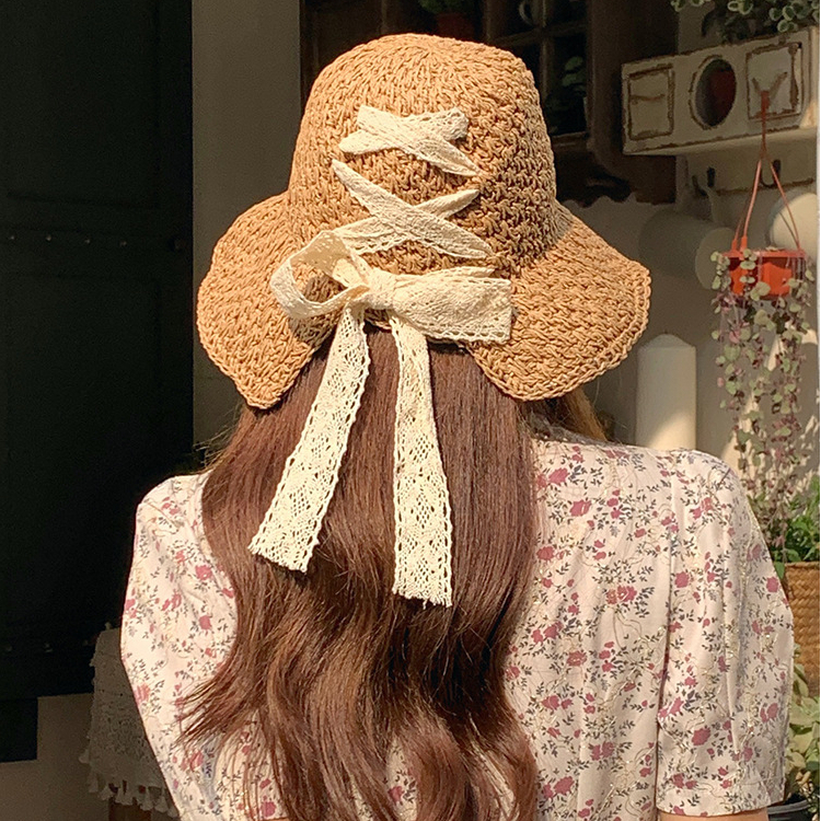 Mũ Cói Rộng Vành Phối Ren Thoáng Khí Phong Cách Nhật Hàn Thời Trang Mùa Hè Cho Nữ