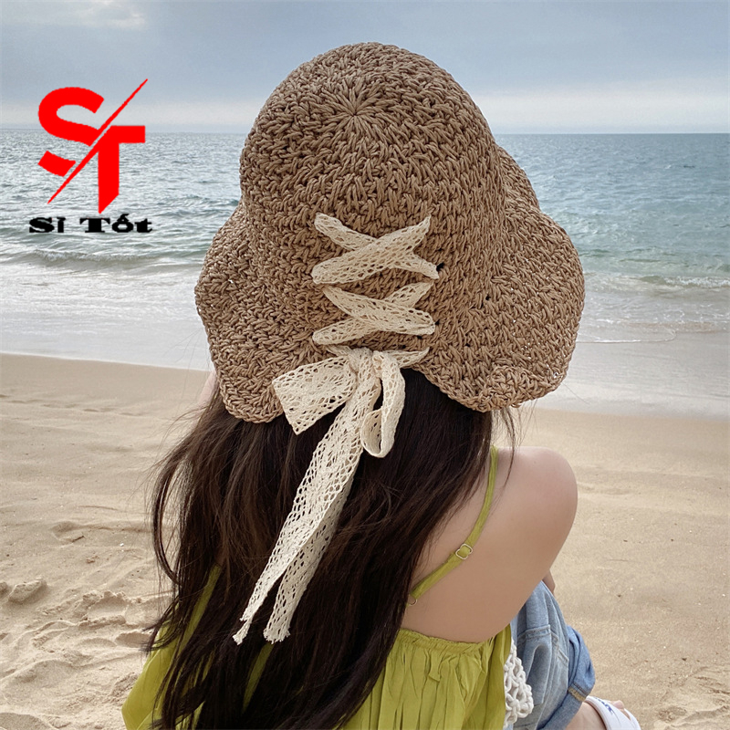 Mũ Cói Rộng Vành Phối Ren Thoáng Khí Phong Cách Nhật Hàn Thời Trang Mùa Hè Cho Nữ
