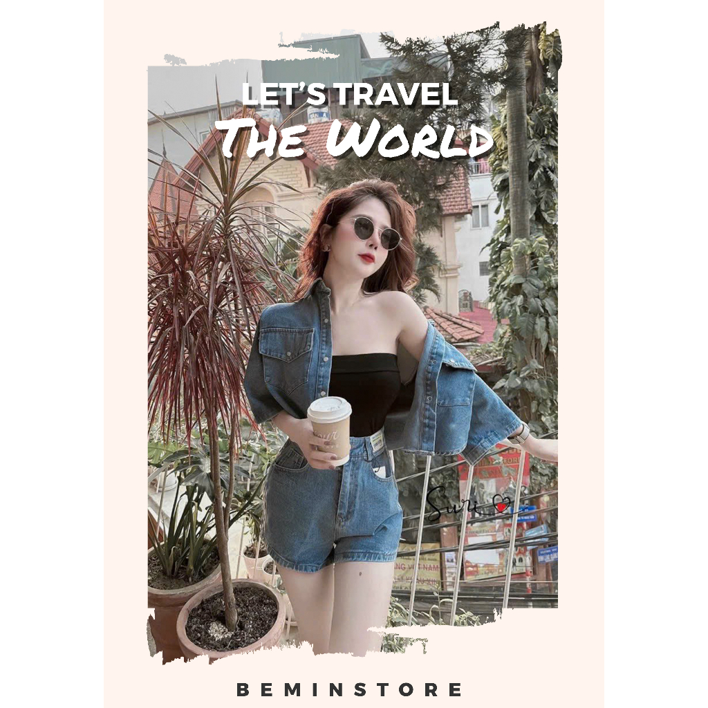Set bộ jeans nữ gồm áo sơ mi crotop mix quần sooc đùi chất đẹp, Set Bò Denim Cao Cấp Áo Bò Tay Cộc Mix Quần Đùi