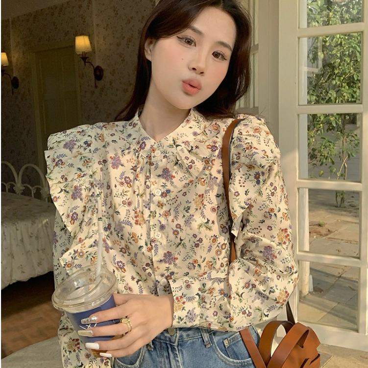 Áo sơ mi nữ dài tay hoa nhỏ dễ thương, sơ mi nữ cao cấp tay dài phồng viền bèo 7291