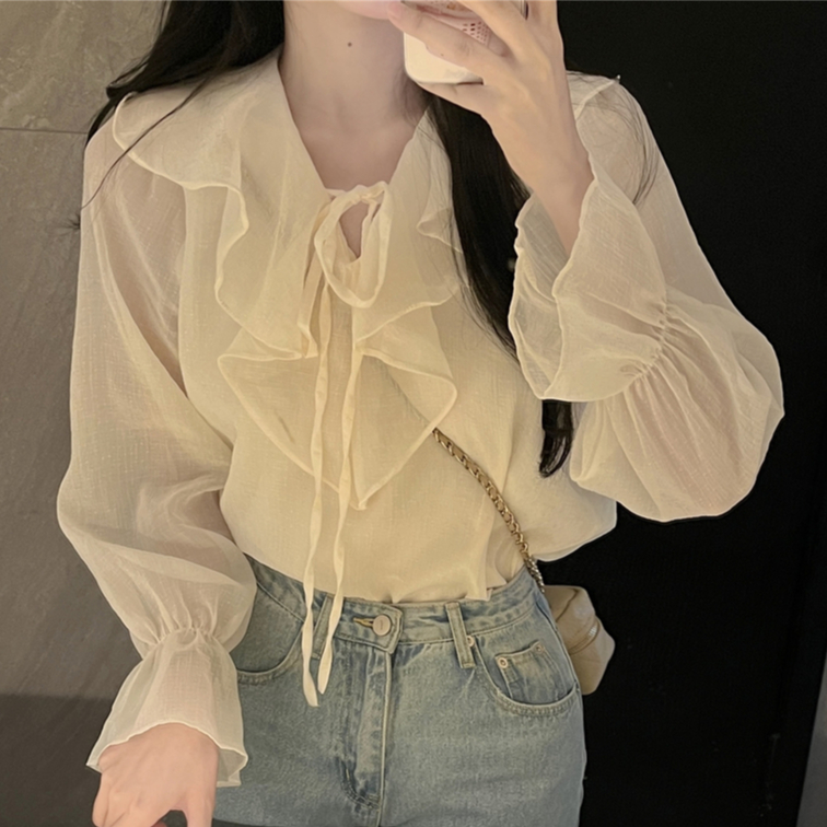 Áo sơ mi nữ dài tay chất voan mềm dễ thương, sơ mi nữ tay dài phồng cổ viền bèo Hàn Quốc 794