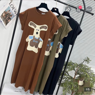 Đầm suông, váy xuông chất cotton in hình chim chú chó dáng rộng cổ tròn ba màu không túi